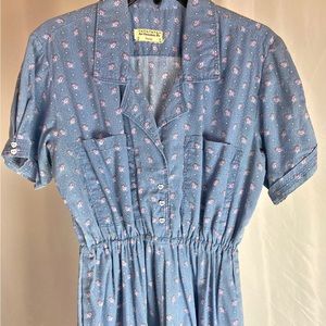 Vintage 80s Chambray Floral Print Pocket Dress